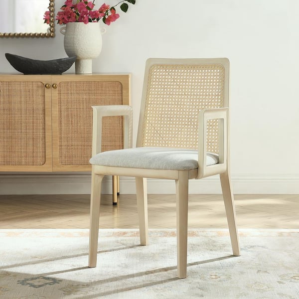MODWAY Monarch Wood Dining Accent Armchair with Cane Back and Padded Seat in Antique White Natural Heathered Weave Ivory
