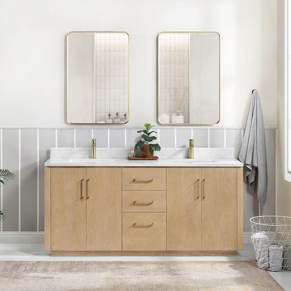 ROSWELL San 72 in.W x 22 in.D x 33.8 in.H Double Sink Bath Vanity in Washed Ash Grey with White Composite Stone Top