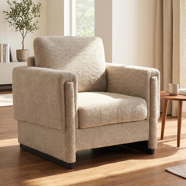 Brown Boucle Upholstered Armchair with Thick Cushion and Modern Sled Base