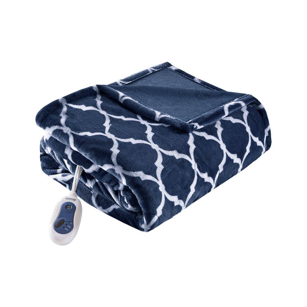 Indigo and White Oversized Plush Heated Throw Blanket 60x70"