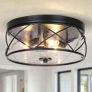 13 in. 3-Light Black Modern Farmhouse Foyer Flush Mount with Clear Seeded Glass Shade Classic Circle Ceiling Light
