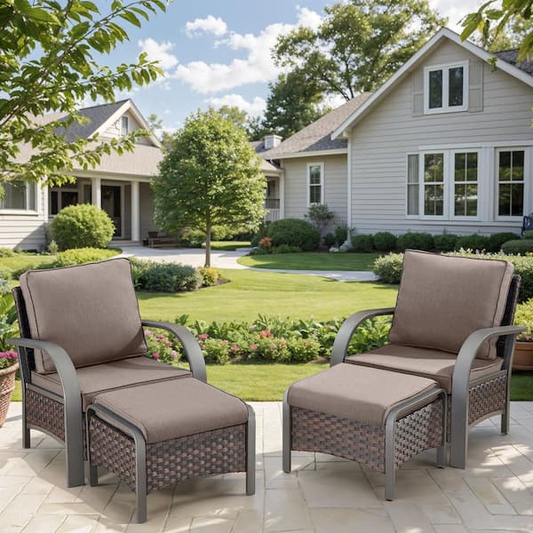 moosprr 4-Piece Patio Brown Wicker Outdoor Lounge Chair with Gray Olefin Cushions and Matching Ottomans