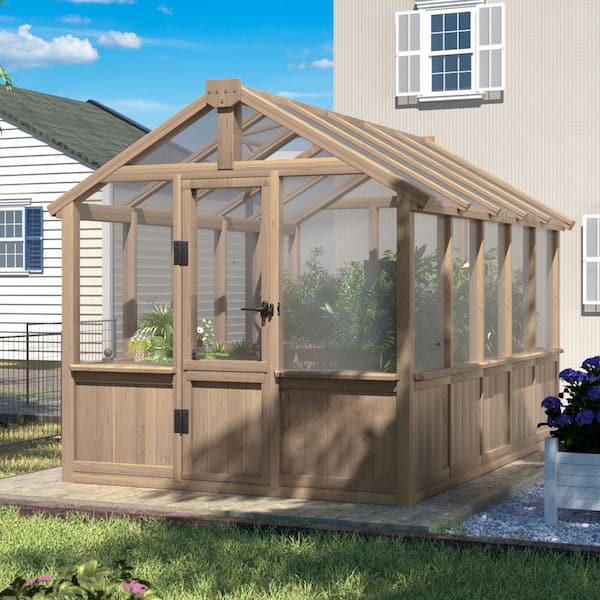 6 ft. W x 10 ft. D x 7 ft. H Wood Brown Garden Plant Greenhouse for Outdoors with Multi-Layer Polycarbonate Panels