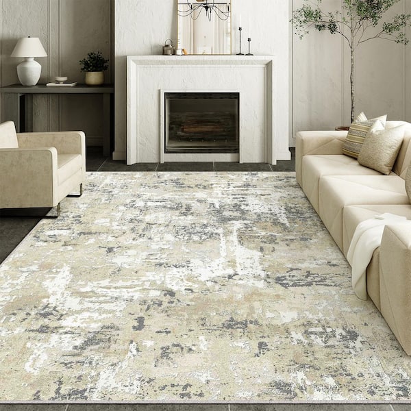 Polaris Beige 9 ft. x 12 ft. Washable Modern Abstract Area Rug
