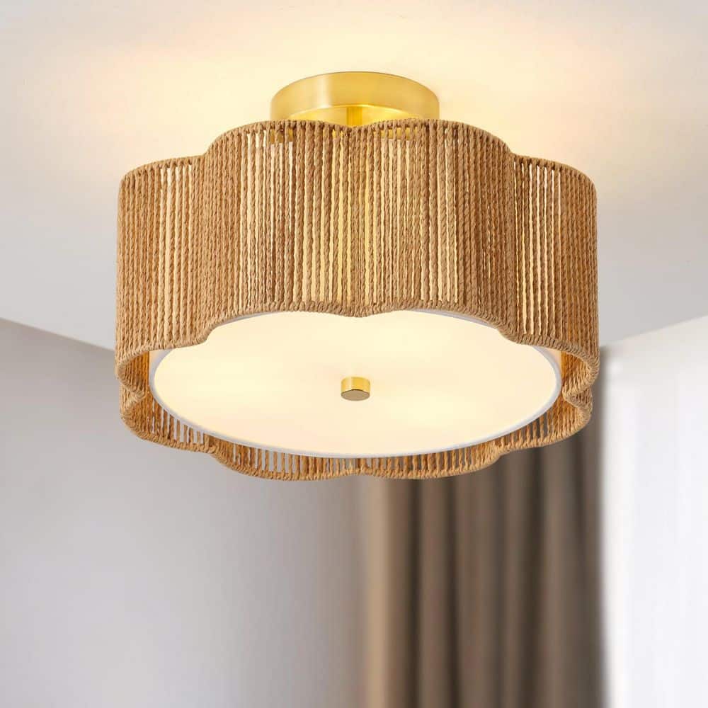13.4 in. Rattan LED Flush Mount Ceiling Light Fixture for Bedroom Kitchen and Dining Room Bulbs Not Included-3 E26 price history on PriceWatchPro