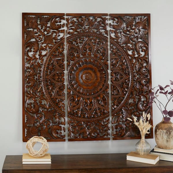 Litton Lane Wood Brown Handmade Intricately Carved Floral Wall Decor with Mandala Design (Set of 3)