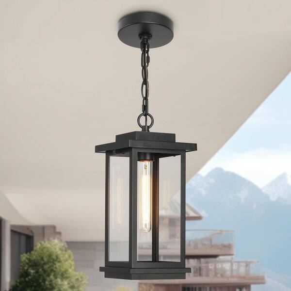 LNC Modern 15.4 in. 1Light Matte Black Dimmable Outdoor Pendant Light with Clear Glass Shade