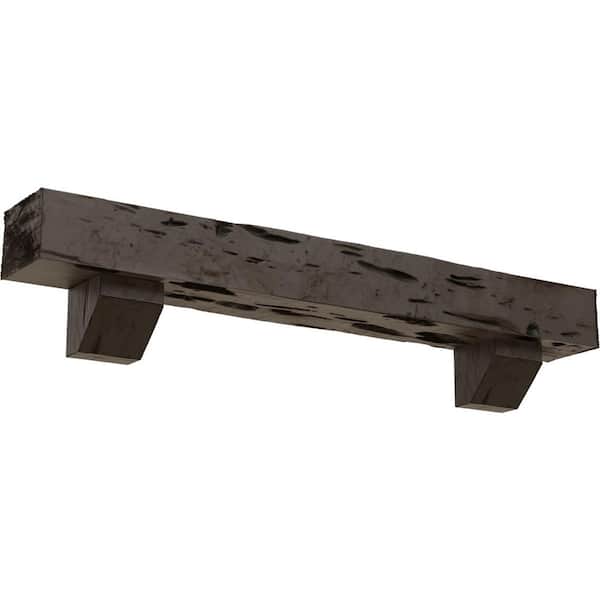 Ekena Millwork 4 in. x 6 in. x 7 ft. Pecky Cypress Faux Wood Fireplace Mantel Kit, Ashford Corbels, Natural Honey Dew