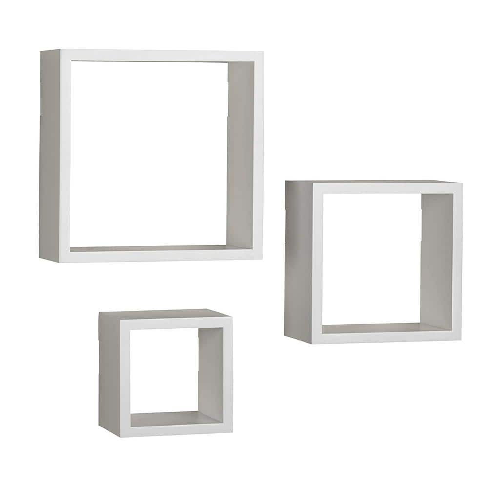 White MDF Floating Cube Wall Shelves, Set of 3
