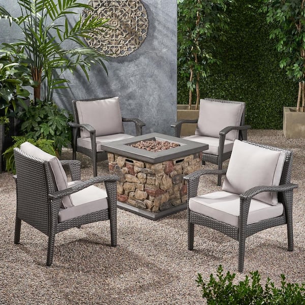 Noble House Kaula Grey 5-Piece Faux Rattan Patio Fire Pit Seating Set with Light Grey Cushions