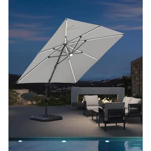 10 ft. Square Cantilever Umbrella Solar Powered LED Aluminum Offset 360° Rotation Umbrella in White