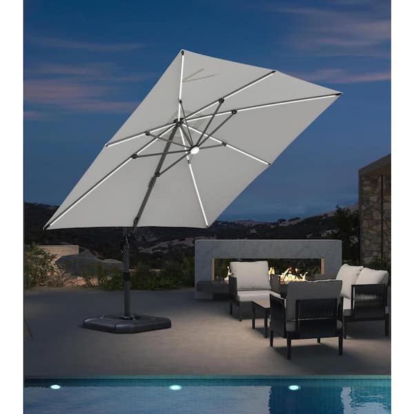 PURPLE LEAF 10 ft. Square Cantilever Umbrella Solar Powered LED Aluminum Offset 360° Rotation Umbrella in White