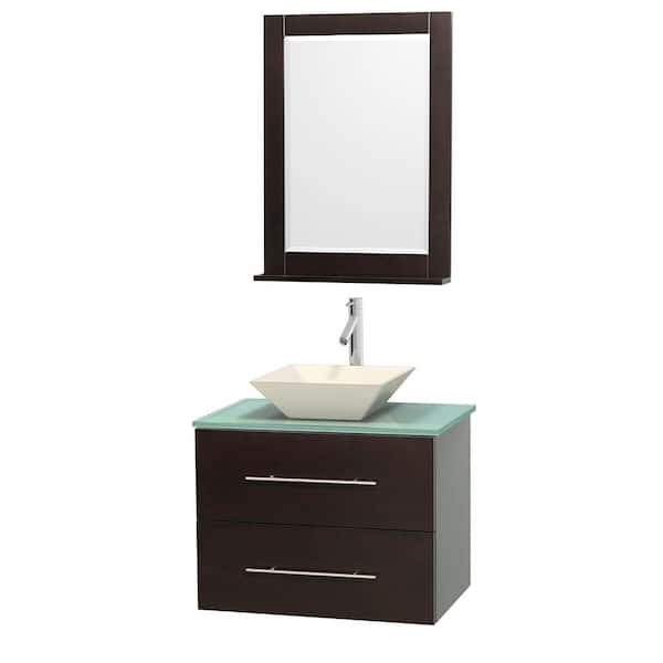 Wyndham Collection Centra 30 in. Vanity in Espresso with Glass Vanity Top in Green, Bone Porcelain Sink and 24 in. Mirror