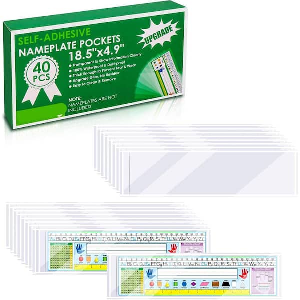 40-Pack Self-Adhesive Nameplate Pocket Sleeves Clear Plastic Waterproof View Name Tag for Desk Classroom Office