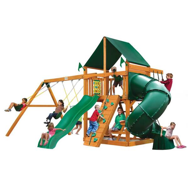 Gorilla Playsets Mountaineer Wooden Swing Set with Sunbrella Canvas Canopy and Rock Wall