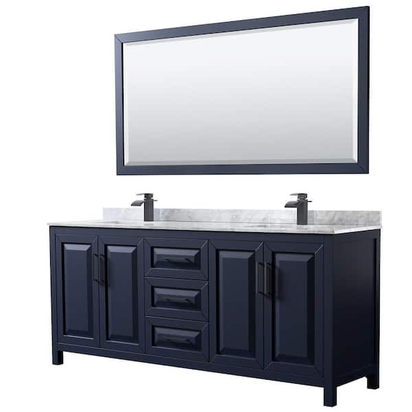 Wyndham Collection Daria 80 in. W x 22 in. D x 35.75 in. H Double Bath Vanity in Dark Blue with White Carrara Marble Top and 70 in. Mirror