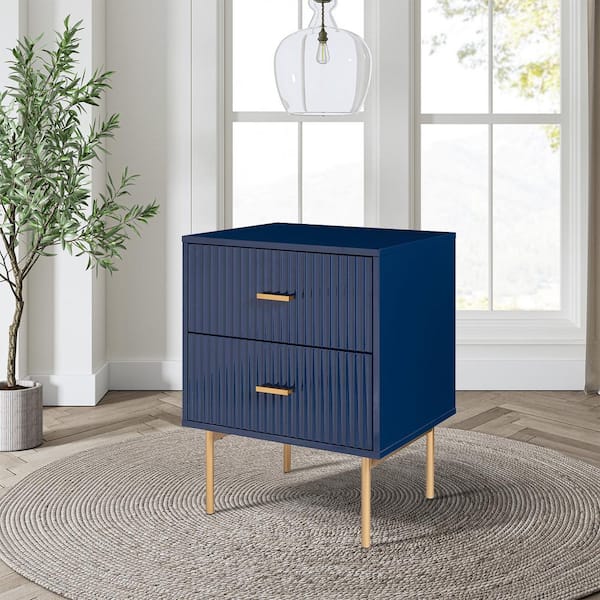 Hugh Navy Contemporary Classic 2-Drawer Nightstand with Metal Legs and Charging Station