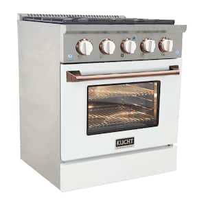 30 in. 4.2 cu. ft. Natural Gas Range with Convection Oven in White with White Knobs and Rose Gold Handle