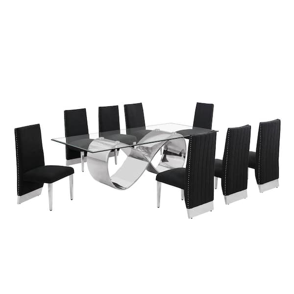 Celia 9-Piece Clear Tempered Glass Top with Stainless Steel Base Dining Set with 8 Black Chairs
