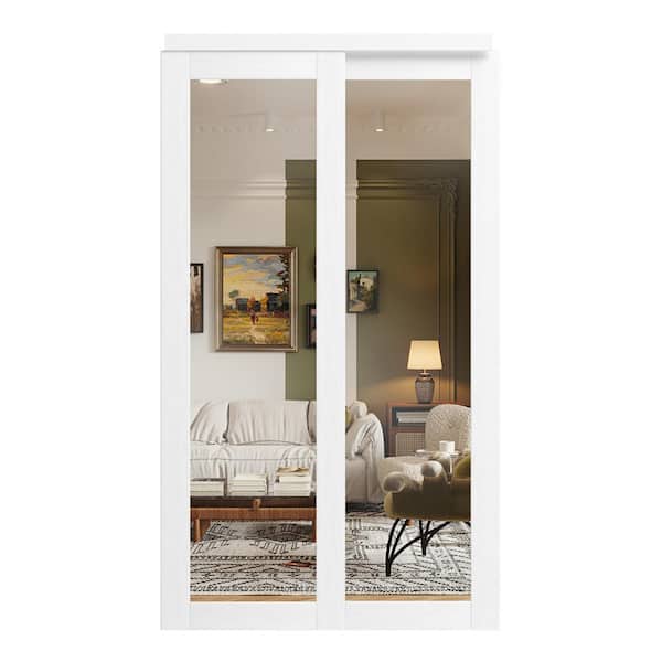 48 in. x 80 in. White MDF Sliding Door with Double Mirrored 1 Panel Glass, All Hardware