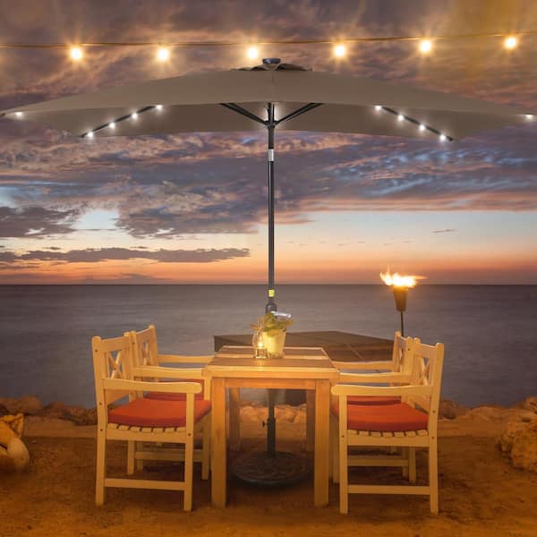 10 ft. x 6.5 ft. Rectangle Solar LED Outdoor Patio Market Table Umbrella with Push Button Tilt and Crank in Taupe