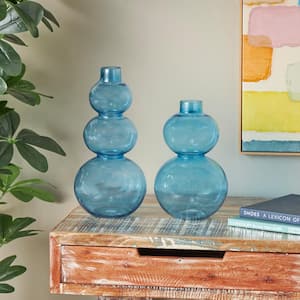 Blue Bubble Glass Decorative Vase with Various Sizes (Set of 2)