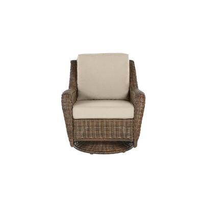 Cambridge Brown Wicker Outdoor Patio Swivel Rocking Chair with CushionGuard Putty Tan Cushions