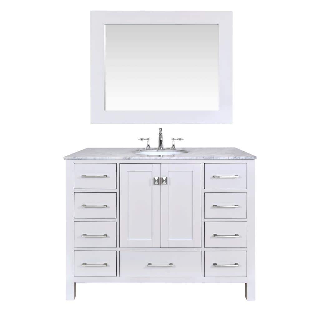 Malibu 48 in. Vanity in Pure White with Marble Vanity Top in Carrara with M