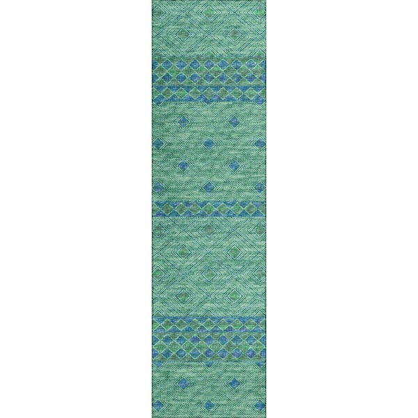 Addison Rugs Yuma Green 2 ft. 3 in. x 7 ft. 6 in. Geometric Indoor/Outdoor Washable Area Rug