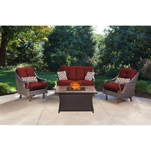 Ventura 4-Piece All-Weather Wicker Patio Conversation Set with Tile-Top Fire Pit with Crimson Red Cushions