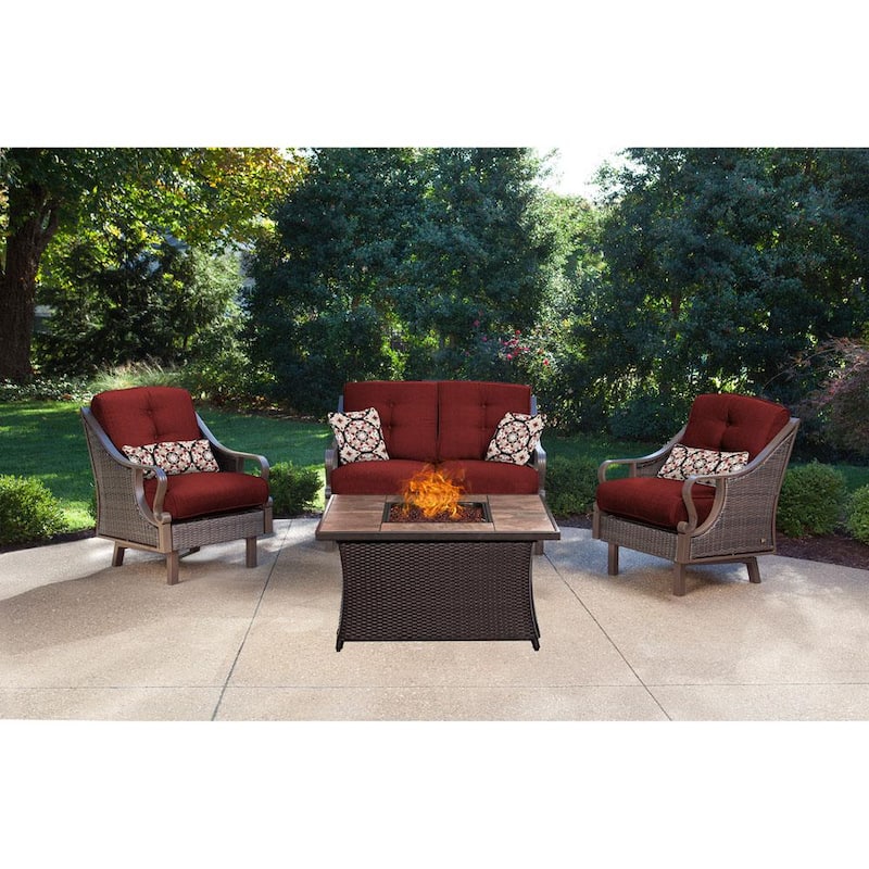 Ventura 4-Piece All-Weather Wicker Patio Conversation Set with Tile-Top Fire Pit with Crimson Red Cushions