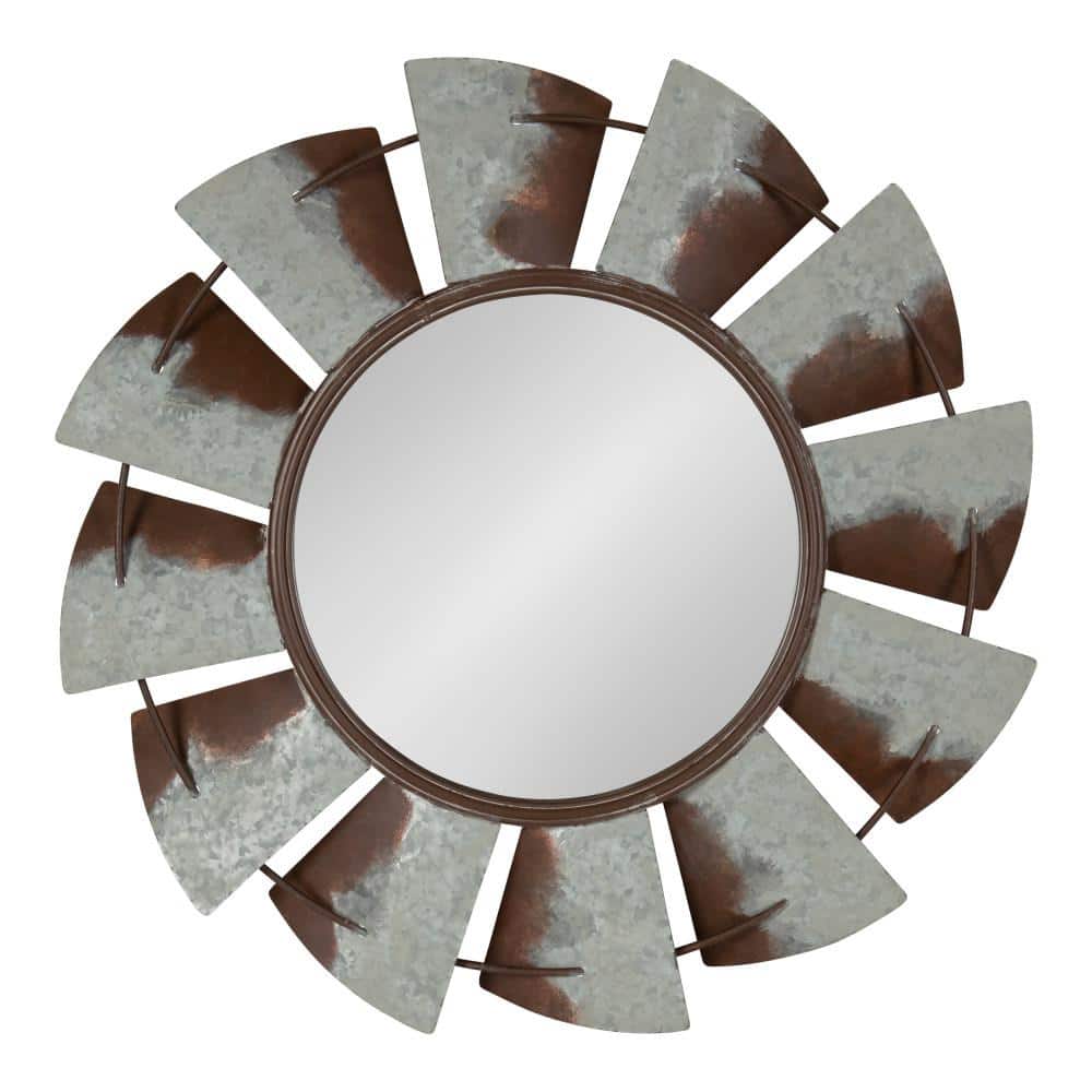 32" Round Silver and Brown Metal Windmill Wall Mirror