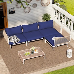 4-Piece Drawcord Metal Outdoor Sectional Set with Navy Blue Cushions