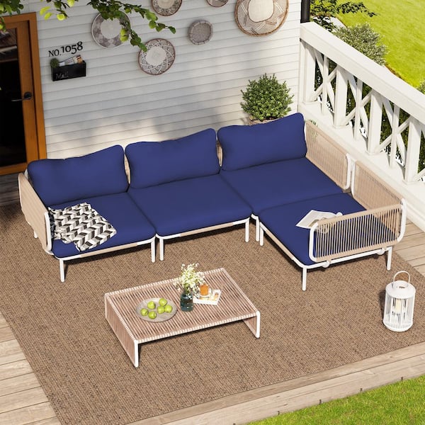 Crestlive Products 4-Piece Drawcord Metal Outdoor Sectional Set with Navy Blue Cushions