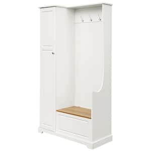 White Freestanding Hall Tree with Flip-Up Bench, Shoe Cabinet and Hooks