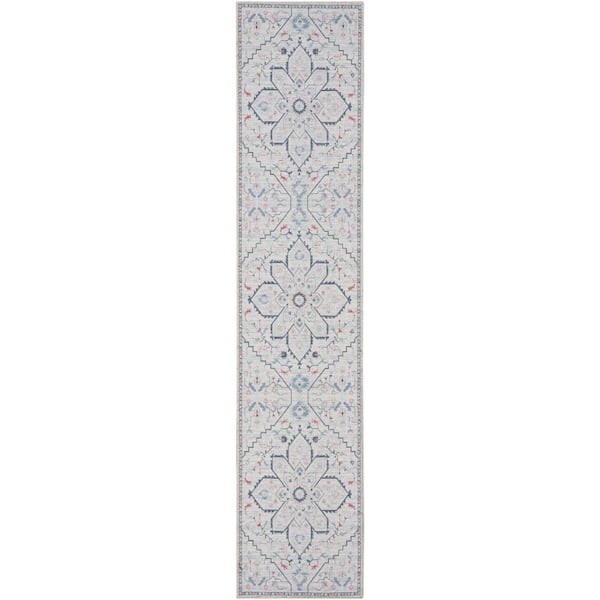 57 Grand Machine Washable Ivory Blue 2 ft. x 10 ft. Center Medallion Contemporary Runner Area Rug