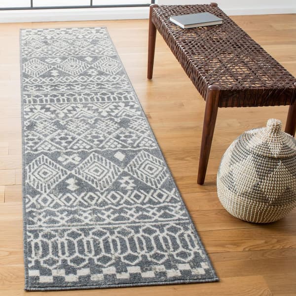 Pyramid 2 ft. x 9 ft. Ivory/Charcoal Diamond Geometric Striped Runner Rug