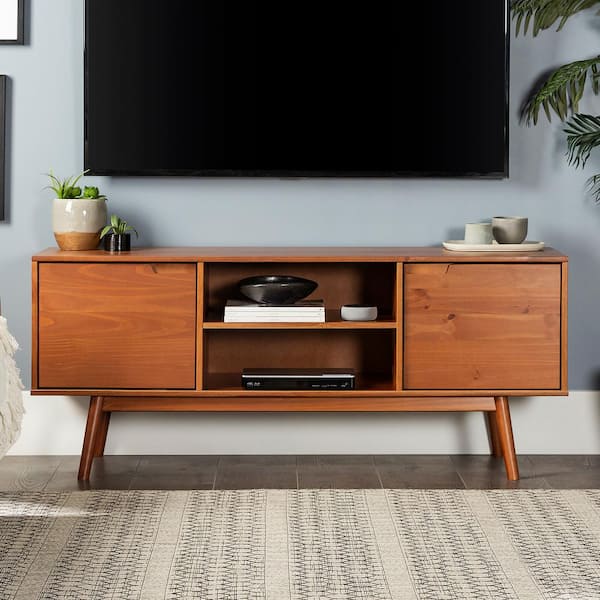 Welwick Designs 58 in. Caramel Solid Wood TV Stand Fits TVs up to 65 in. with Cutout Cabinet Handles