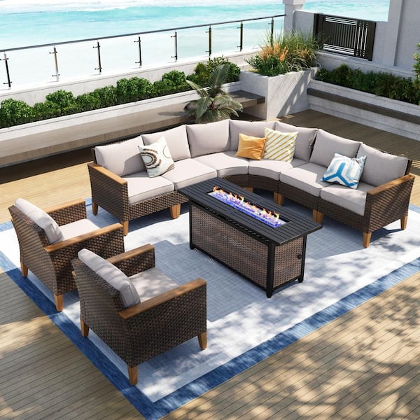 PHI VILLA Brown Rattan Wicker 8-Seat 9-Piece Steel Outdoor Fire Pit Patio Set with Beige Cushions and Rectangular Fire Pit Table