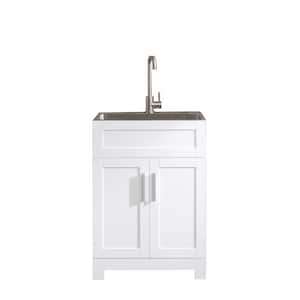 White Laundry Tub Cabinet with Single Stainless Steel Drop-in Laundry/Utility Sink and Stainless Steel Faucet Combo