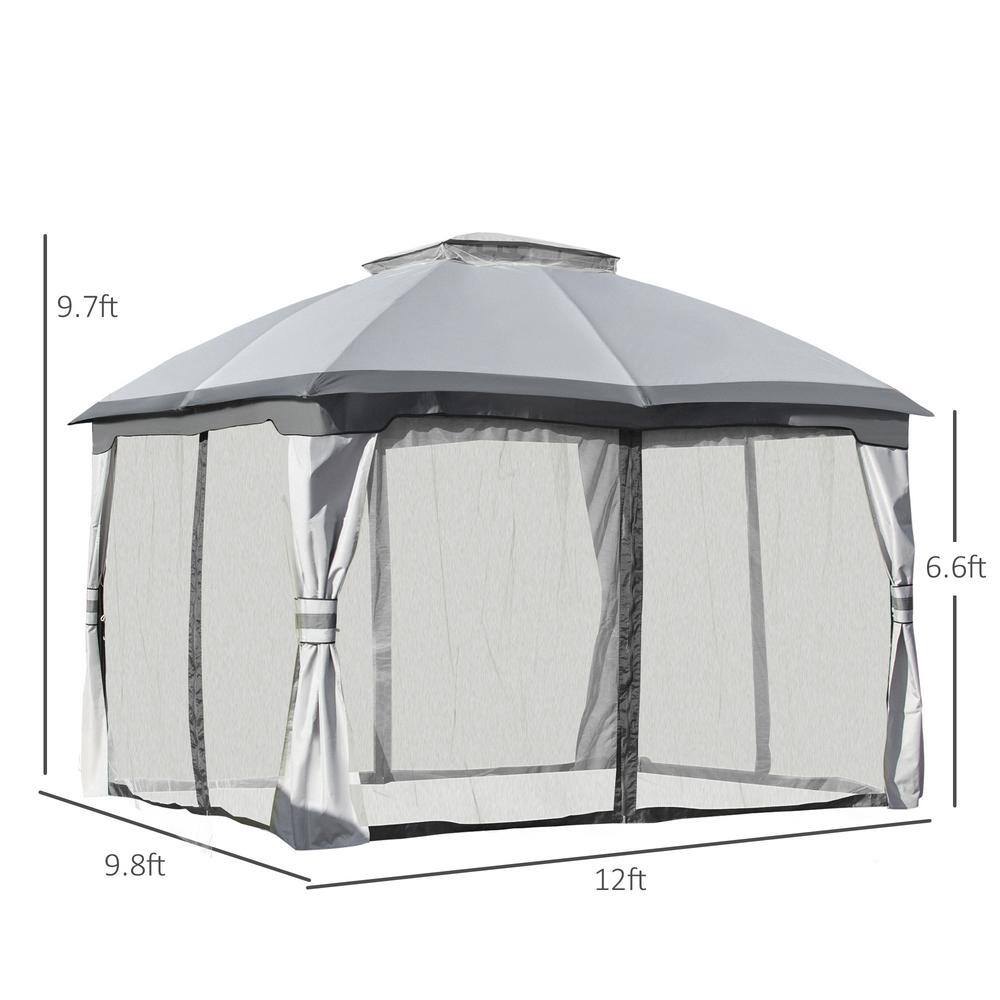Gray Steel Outdoor Gazebo with Mesh Sidewalls and Vented Roof