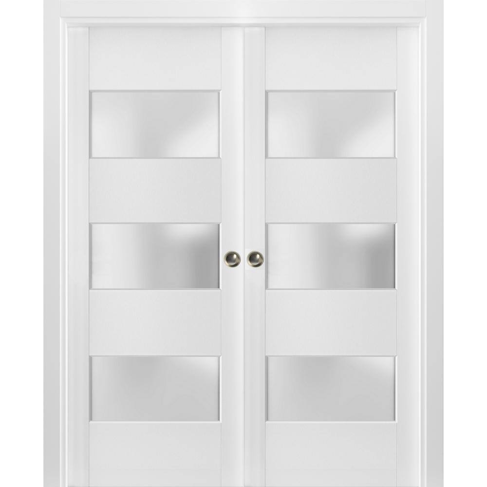 4070 56 in. x 80 in. 3 Panel White Finished Pine Wood Sliding Door with Double Pocket Hardware price history on PriceWatchPro