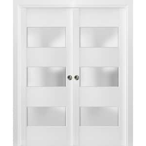 4070 48 in. x 80 in. 3 Panel White Finished Pine Wood Sliding Door with Double Pocket Hardware