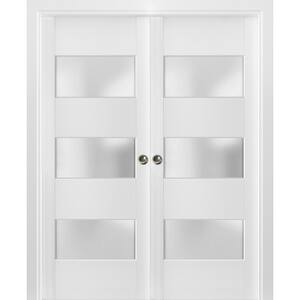 4070 56 in. x 80 in. 3 Panel White Finished Pine Wood Sliding Door with Double Pocket Hardware