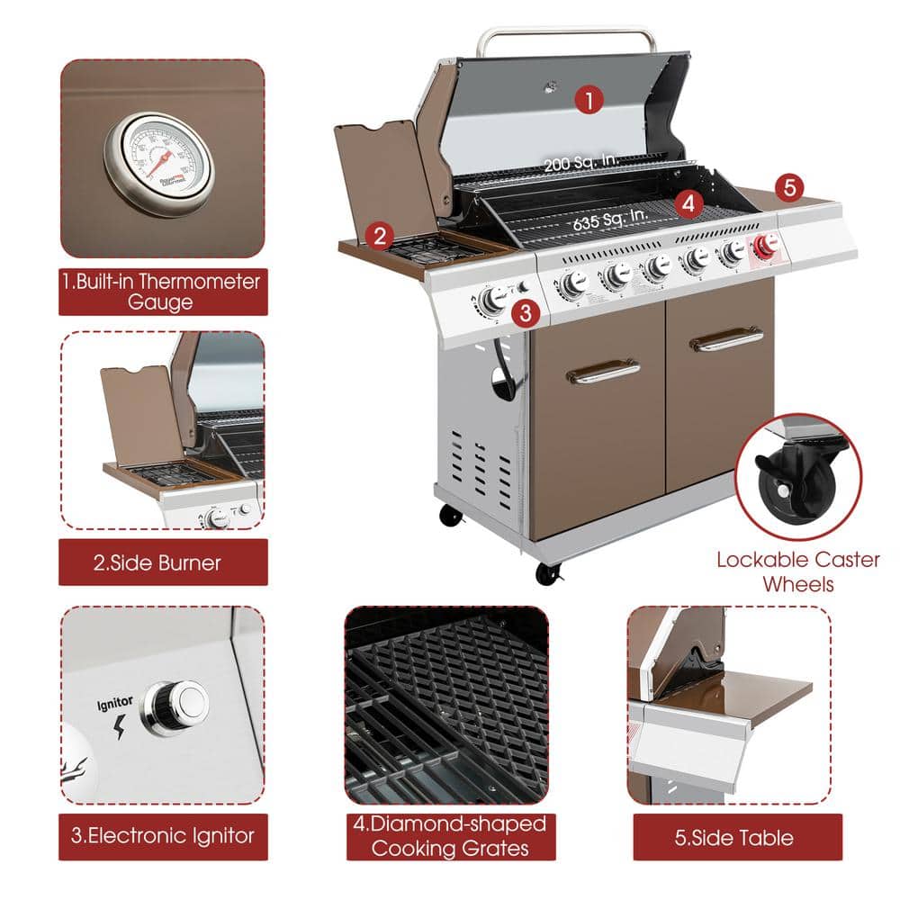 Royal Gourmet 6-Burner Coffee Stainless Steel Propane Gas Grill with Side Burner