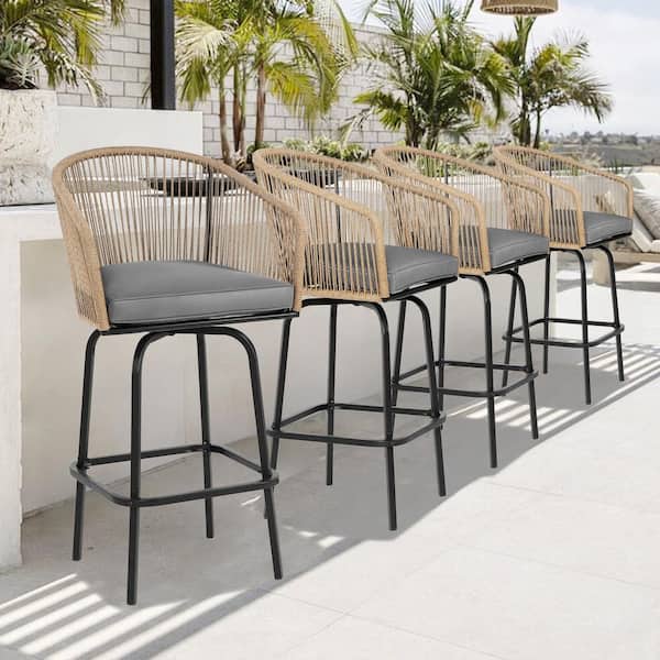 Modern Swivel Metal Woven Wicker Counter Height Outdoor Bar Stools with Grey Cushions Set of 4