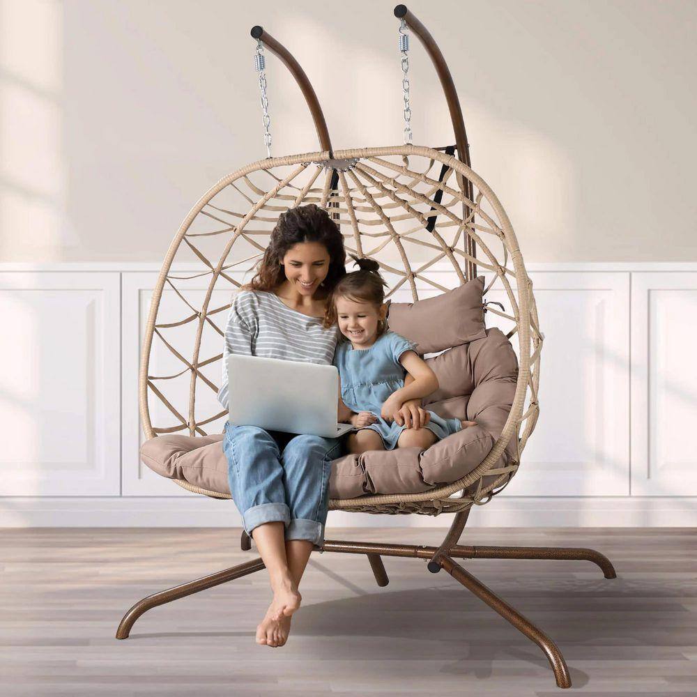 2-Person Indoor Outdoor Egg Hanging Chair with Stand, Patio Wicker Swing Egg Chair with Coffee Cushions and Neck Pillows