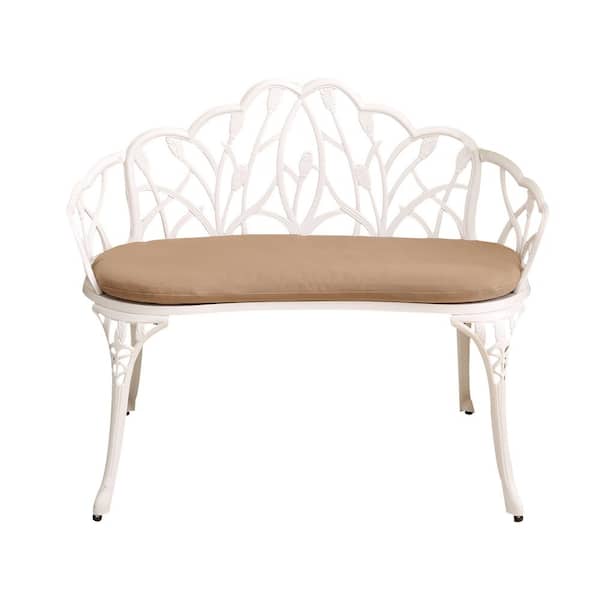 Unbranded White 34.2 in. W x 21.2 in. L x 30.7 in. H Cast Aluminium Park Bench with Beige Cushion