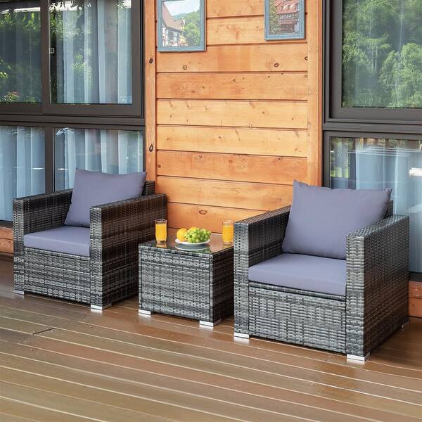 Liviza 3-Piece Wicker Patio Conversation Set with Gray Cushions and Tempered Glass Table Top