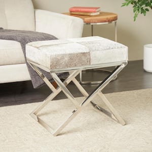 21 in. Light Gray Leather Stool with Angled Silver Metal Base